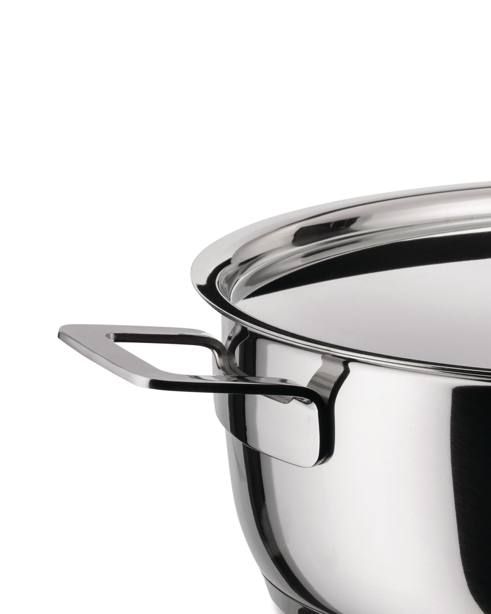 Sleek stainless steel pot by Alessi with a matching lid and modern handles, cropped view.