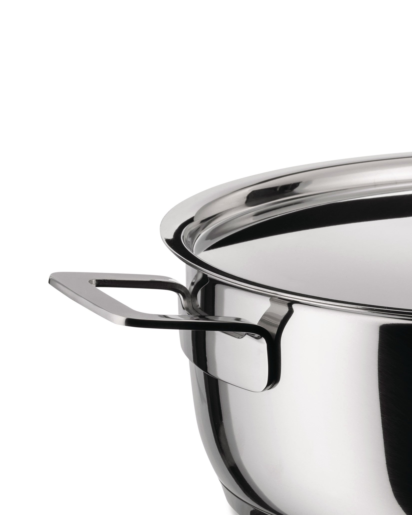 Sleek stainless steel pot by Alessi with a matching lid and modern handles, cropped view.