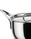 Polished stainless steel saucepan by Alessi with an ergonomic handle and matching lid with a loop handle.