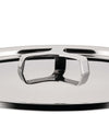 Polished stainless steel pot lid by Alessi, featuring a unique open-frame handle, in an angled close-up.