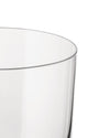 Clear glass by Alessi with a rounded rim, cropped side view.