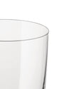 Clear drinking glass by Alessi, cropped close-up of its upper rim and side on a white background.