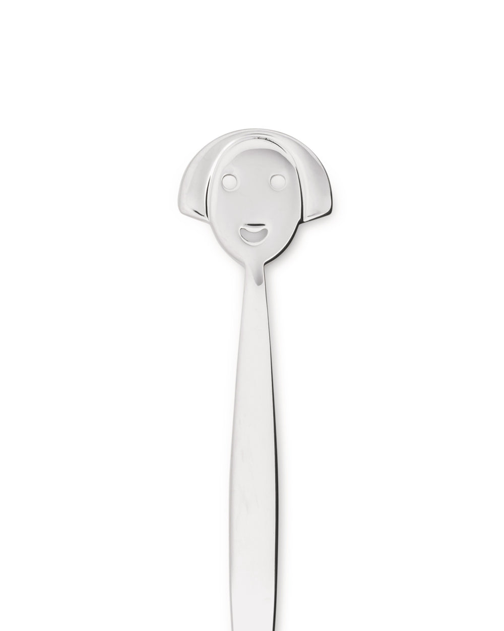 Polished silver coffee spoon by Alessi with an anthropomorphic smiling face at the top.