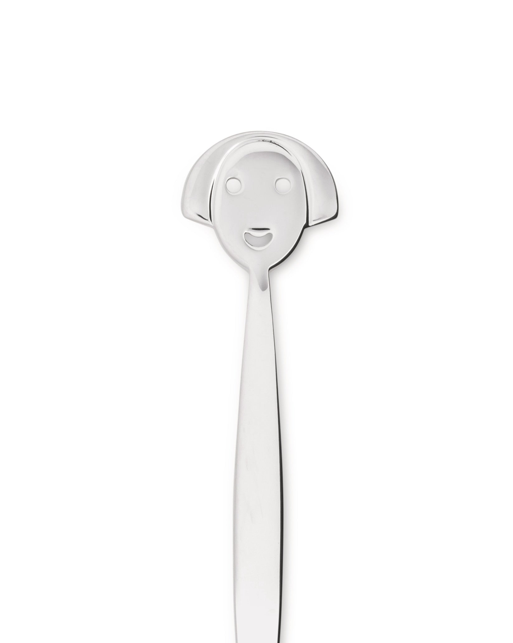 Polished silver coffee spoon by Alessi with an anthropomorphic smiling face at the top.