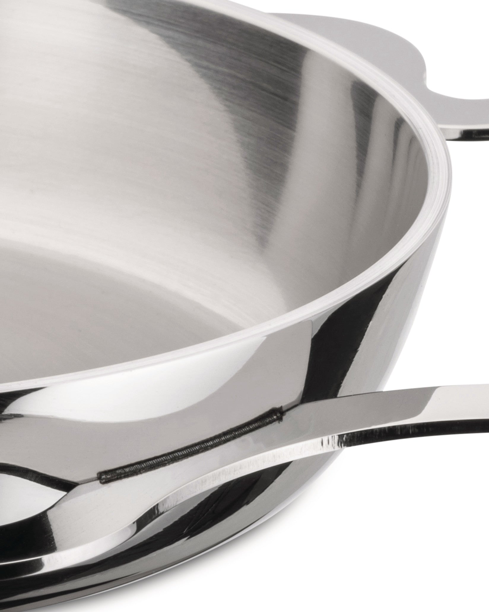 Stainless steel Tegamino pot by Alessi, close-up of the polished interior and attached handle with visible welds.