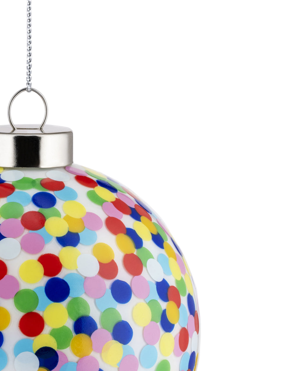 Colorful confetti-patterned Christmas bauble by Alessi with a silver cap and chain, cropped.