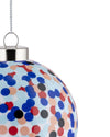 Multi-colored confetti Christmas ornament by Alessi, featuring a silver cap and chain, with blue, red, peach, and black circular dots.