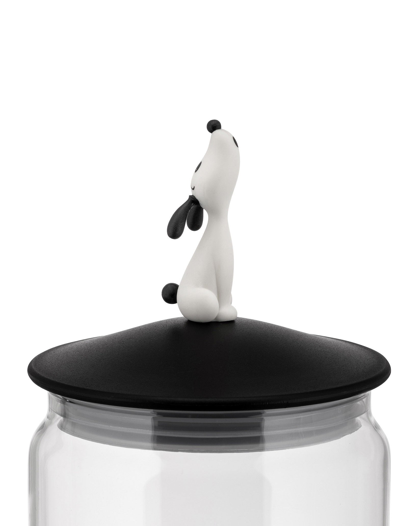 Clear glass LulàJar by Alessi with a black lid and white dog figure looking up.