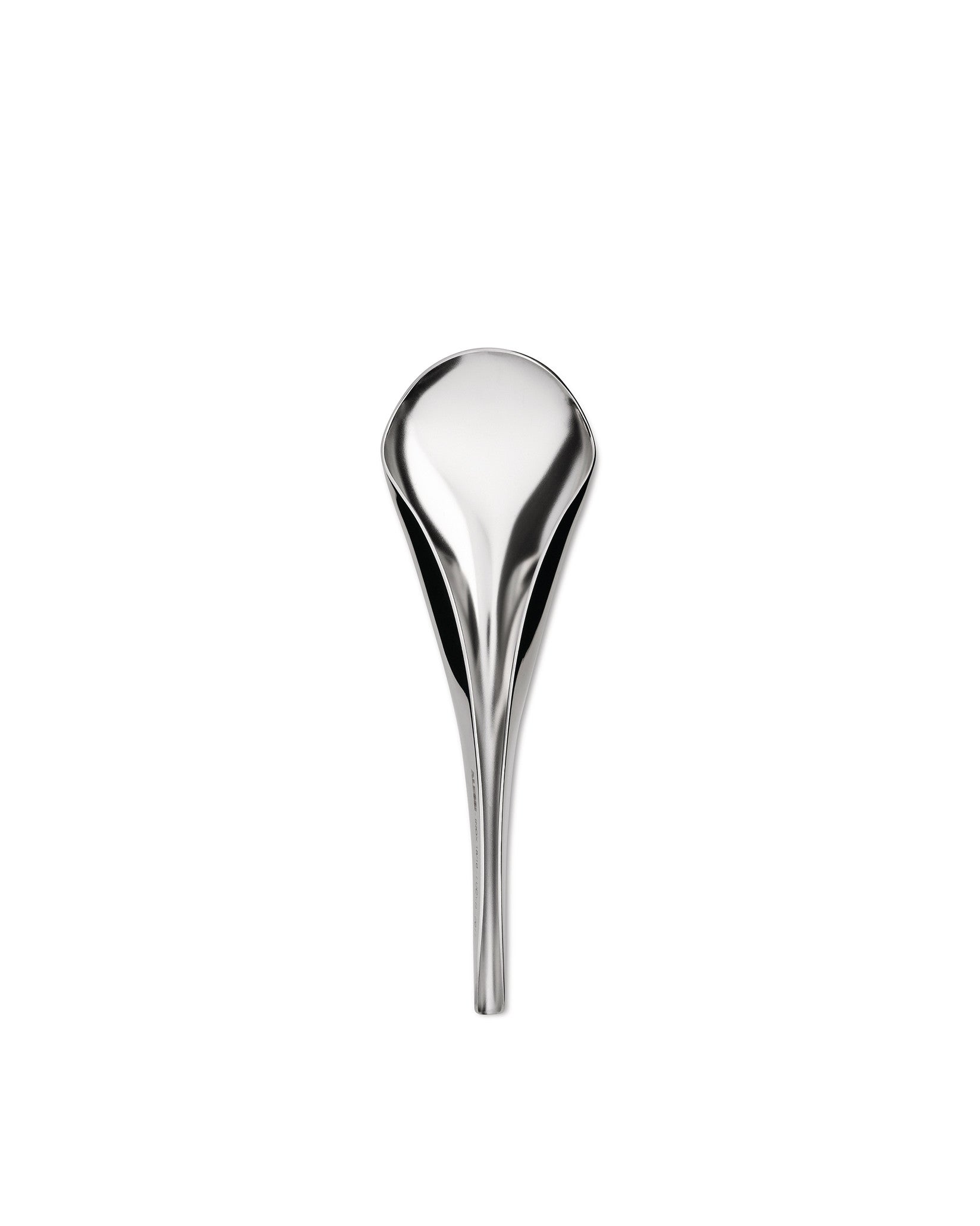Silver metallic spoon by Alessi, featuring a sleek, modern teardrop design and slender handle.