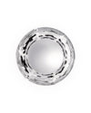 Silver metal perforated decorative bowl by Alessi with abstract bark-like cutouts.