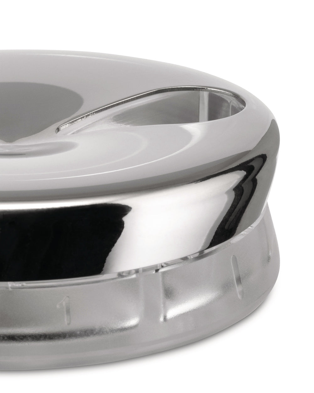 Chrome and clear plastic YoYo by Alessi, featuring a reflective curved top and translucent base marked with '1'.