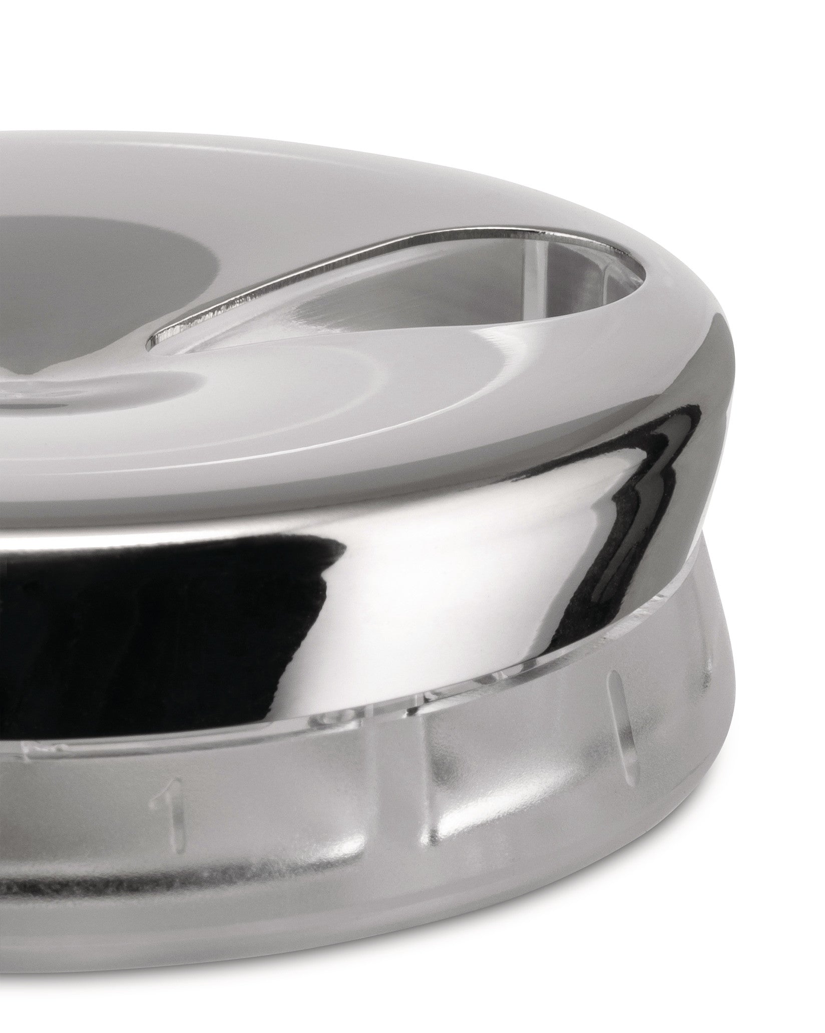 Chrome and clear plastic YoYo by Alessi, featuring a reflective curved top and translucent base marked with '1'.