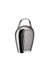 Silver polished metal grater by Alessi in a bell-like shape with a top handle and perforated side.