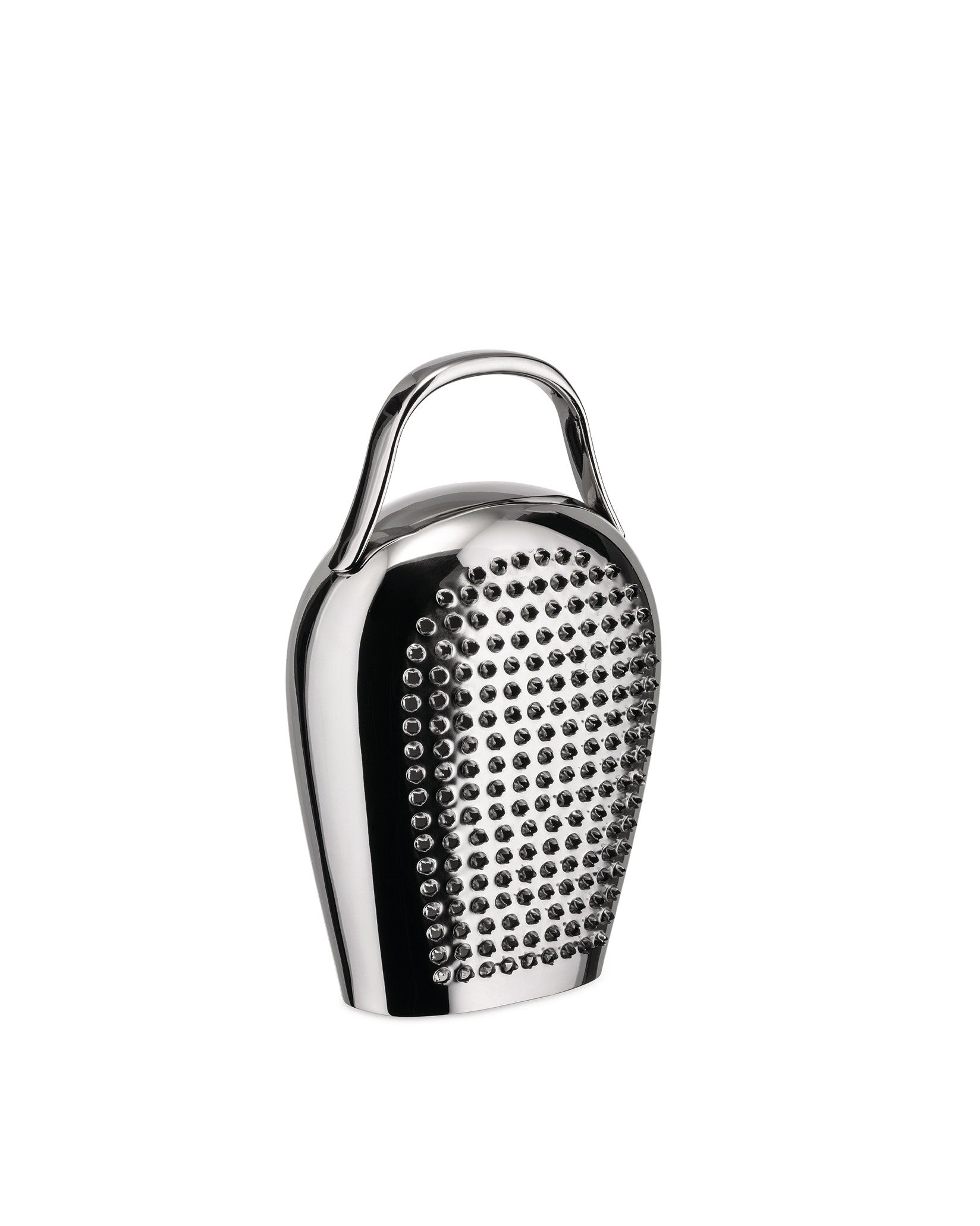 Silver polished metal grater by Alessi in a bell-like shape with a top handle and perforated side.