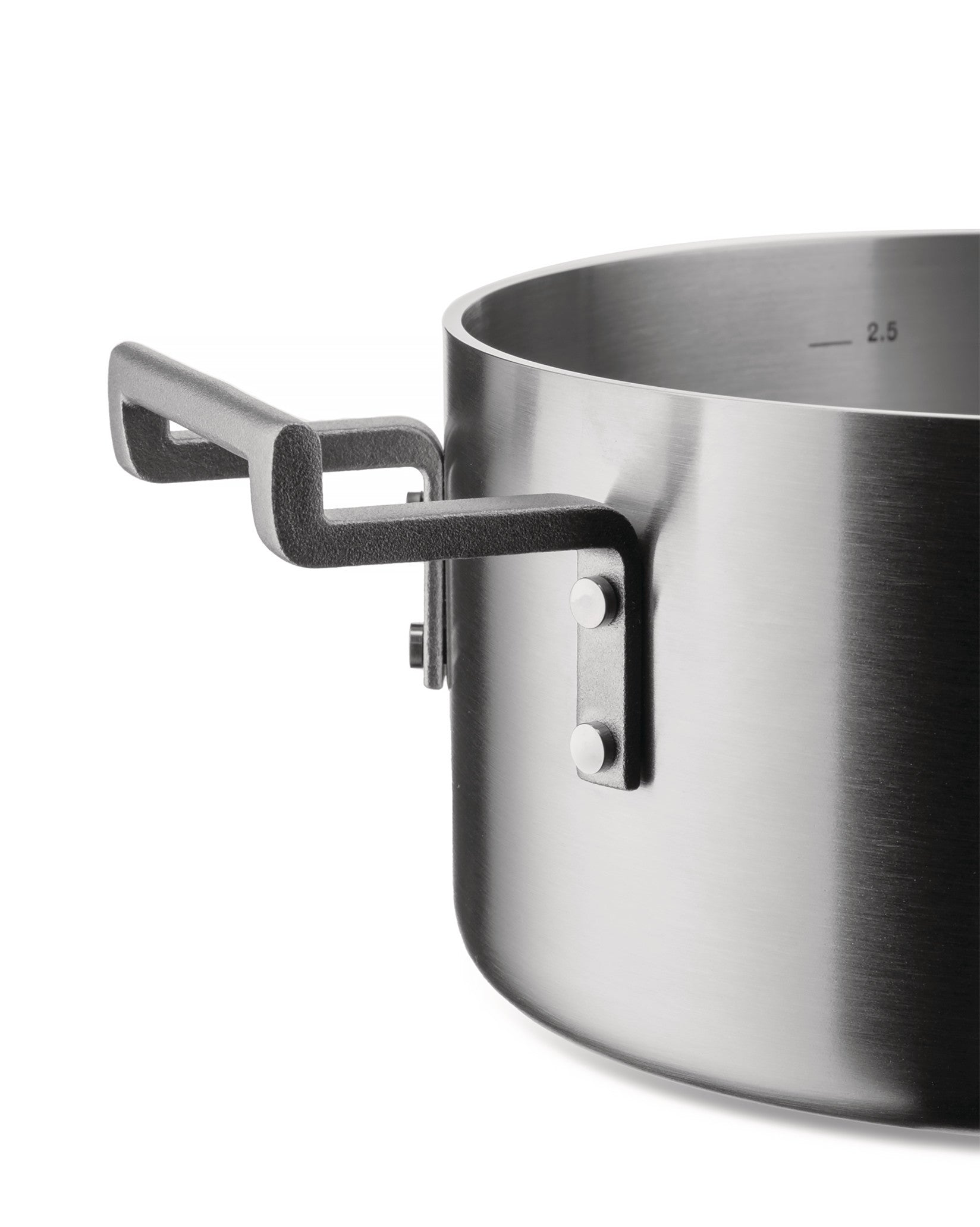 Silver brushed stainless steel pot from Alessi, featuring a dark grey textured handle and an interior 2.5 measurement mark.