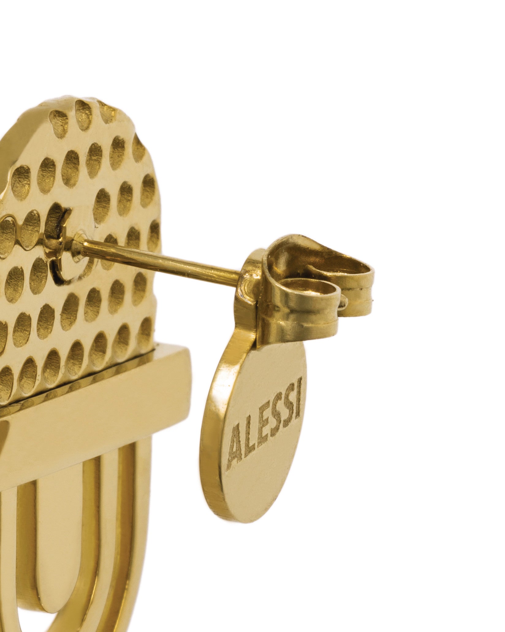 Gold-toned earring by Alessi, featuring a dotted textured design and an engraved logo on the clasp tag.