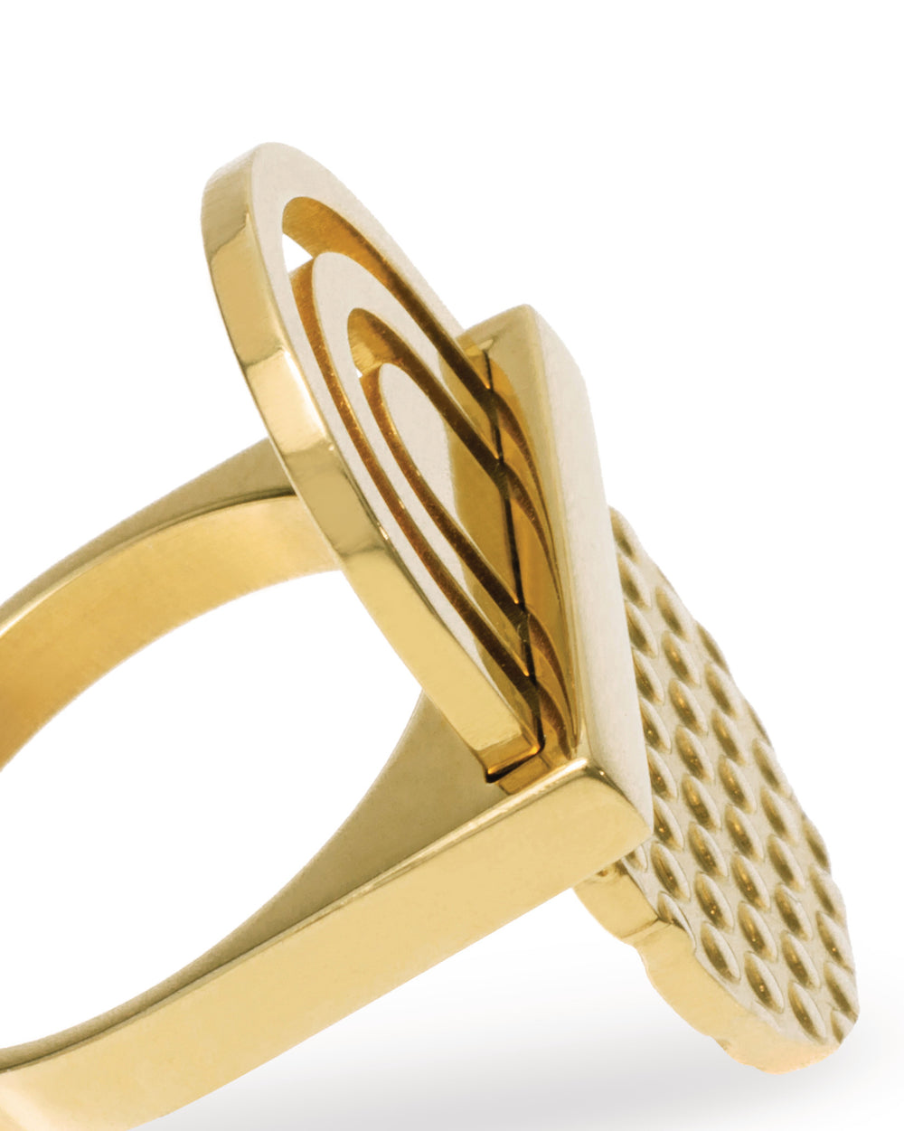Gold-toned metal ring by Alessi, featuring an openwork nested arc and dimpled textured top.