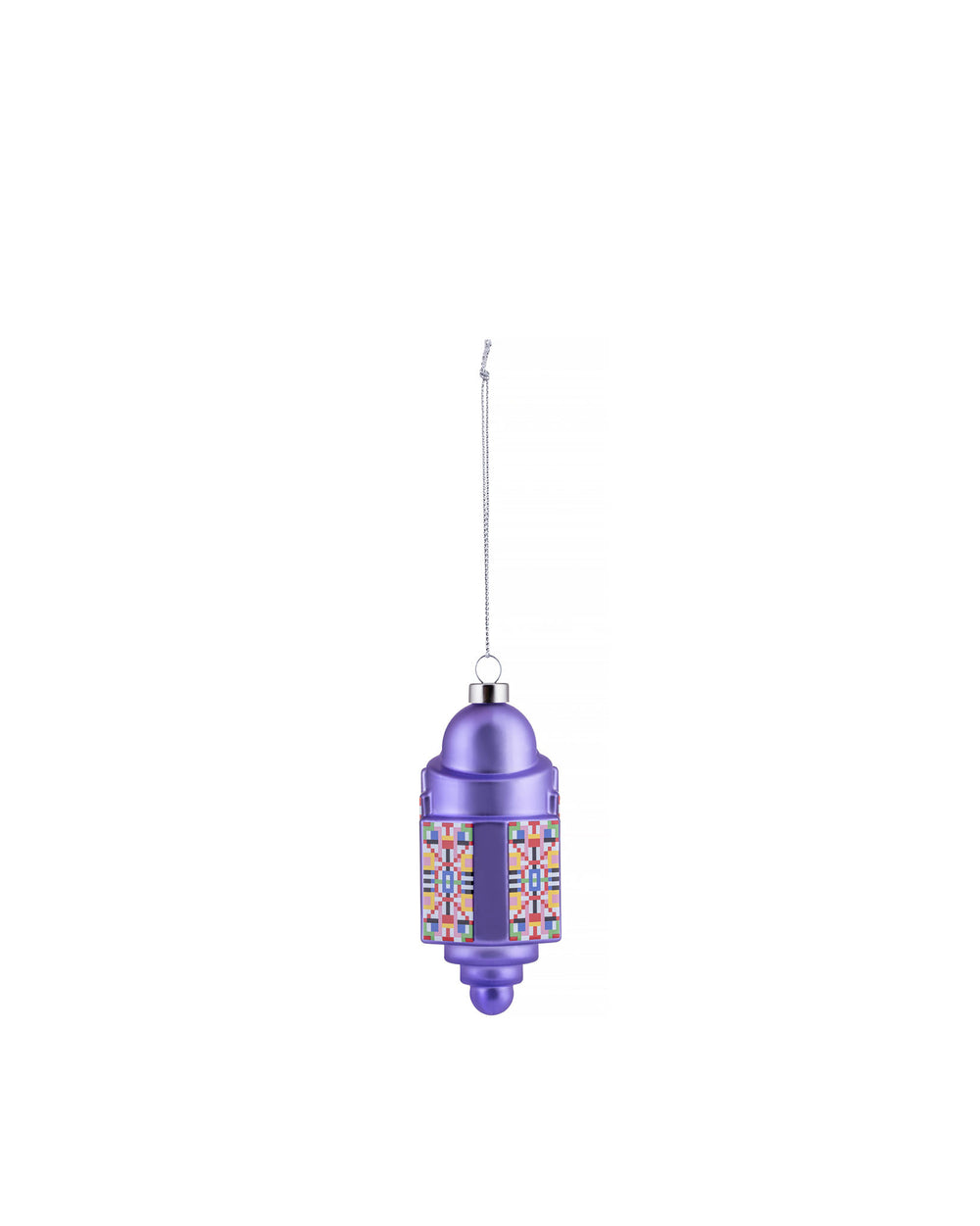 Purple dome Christmas tree ornament by Alessi, with a colorful geometric pixelated pattern.