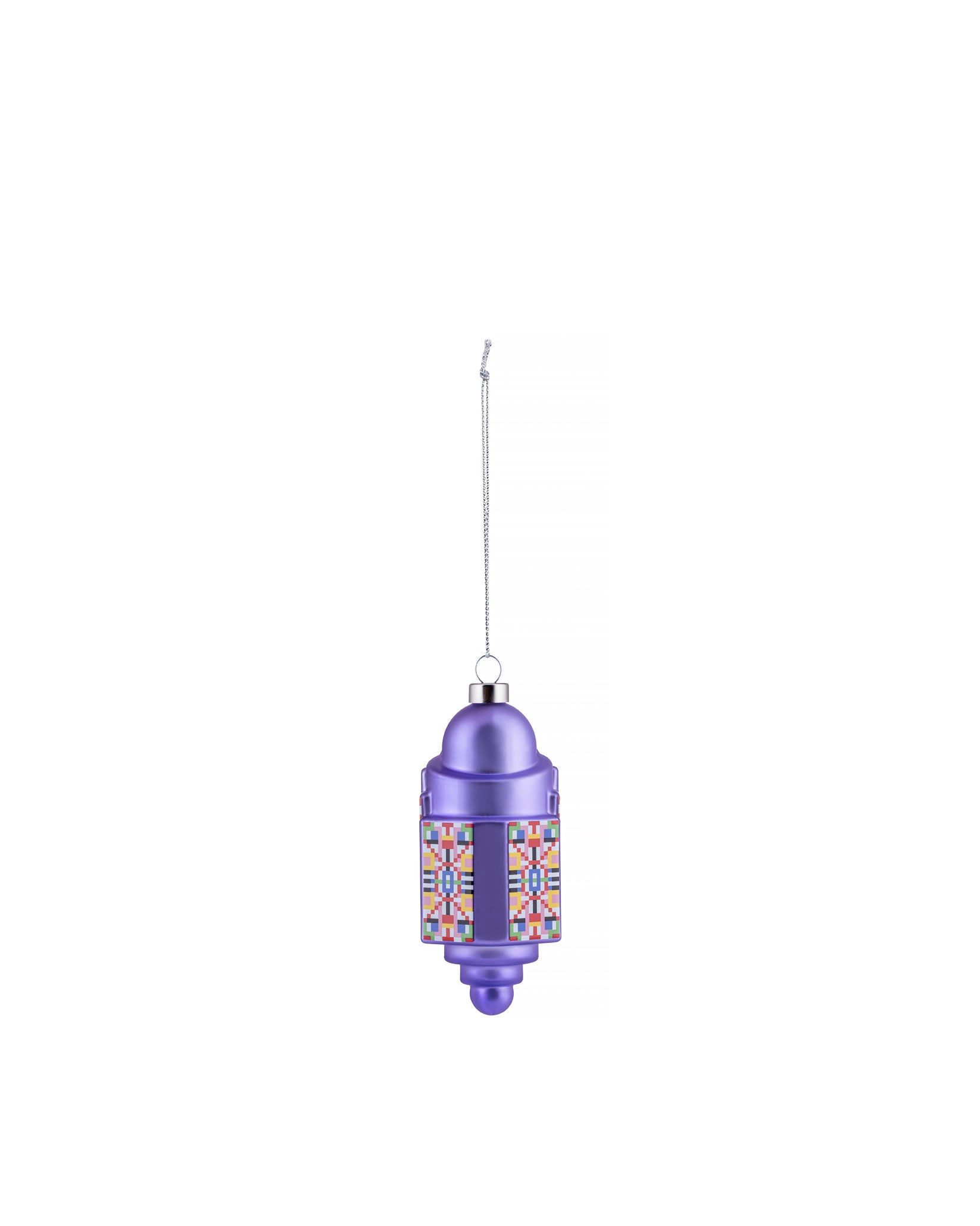 Purple dome Christmas tree ornament by Alessi, with a colorful geometric pixelated pattern.