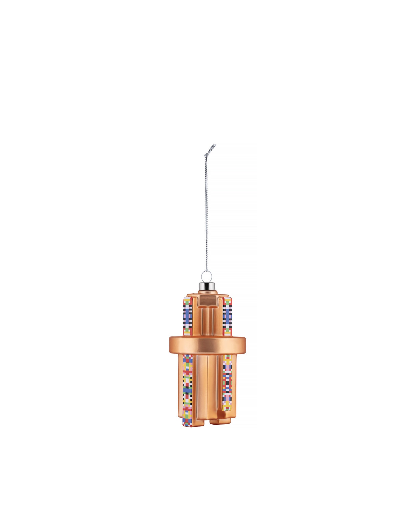 Bronze prism Christmas tree ornament by Alessi, with a vertical multicolored geometric pattern, hanging from a chain.