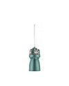 Teal matte Christmas tree ornament by Alessi shaped like a tower, decorated with colorful geometric patterns.