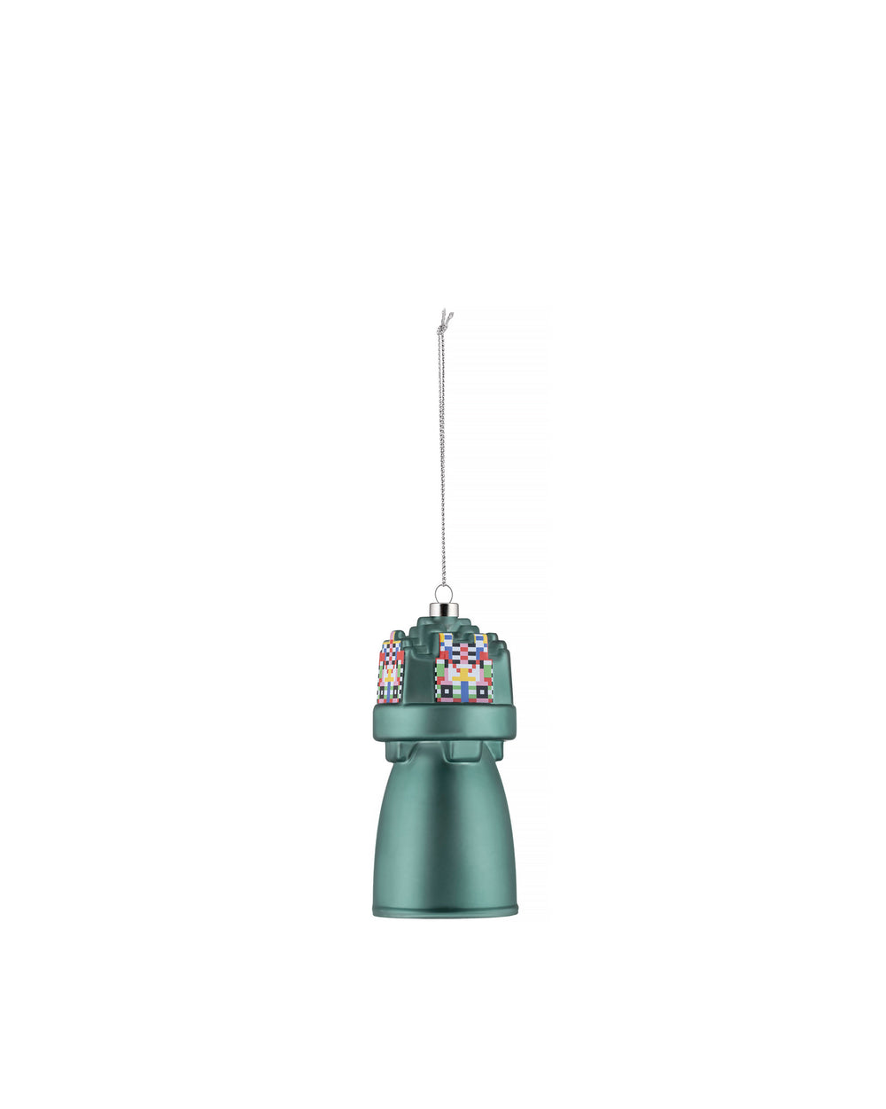 Teal matte Christmas tree ornament by Alessi shaped like a tower, decorated with colorful geometric patterns.