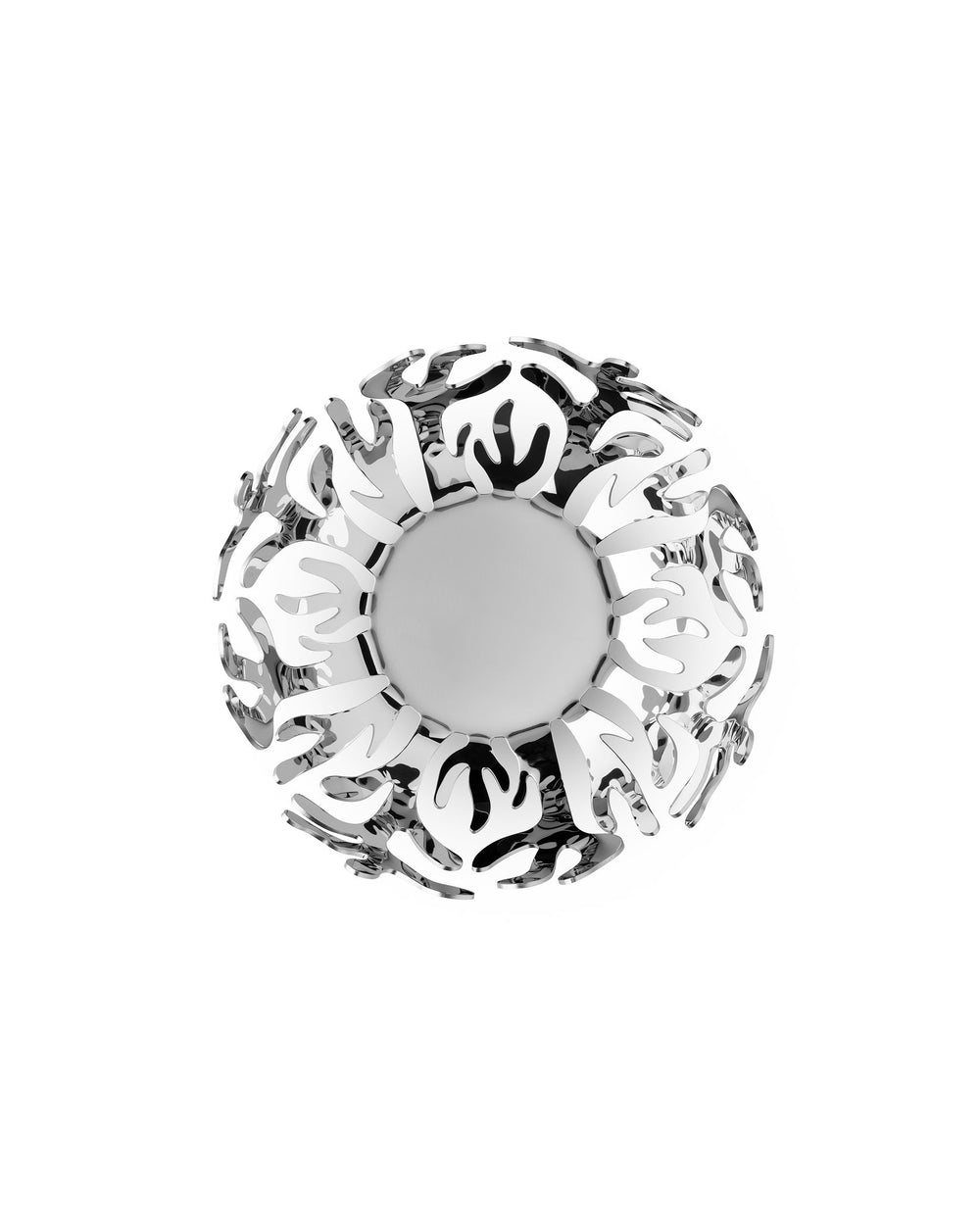 Silver polished metal fruit bowl by Alessi with an intricate coral-like openwork design.