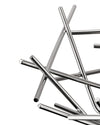 Chrome-plated steel basket by Alessi with intersecting, polished metal rods in an abstract design, cropped view.