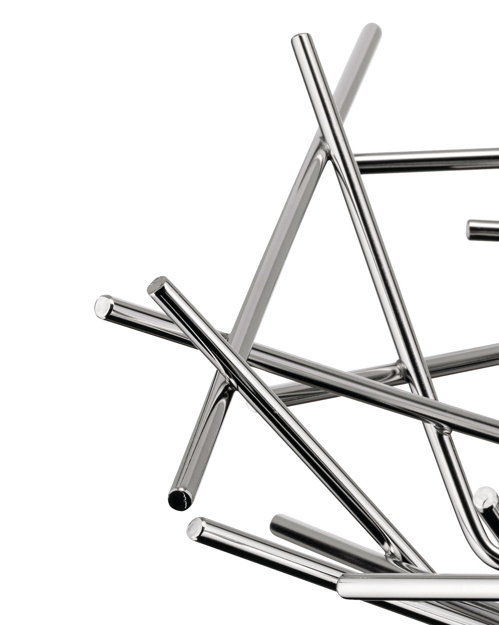 Chrome-plated steel basket by Alessi with intersecting, polished metal rods in an abstract design, cropped view.