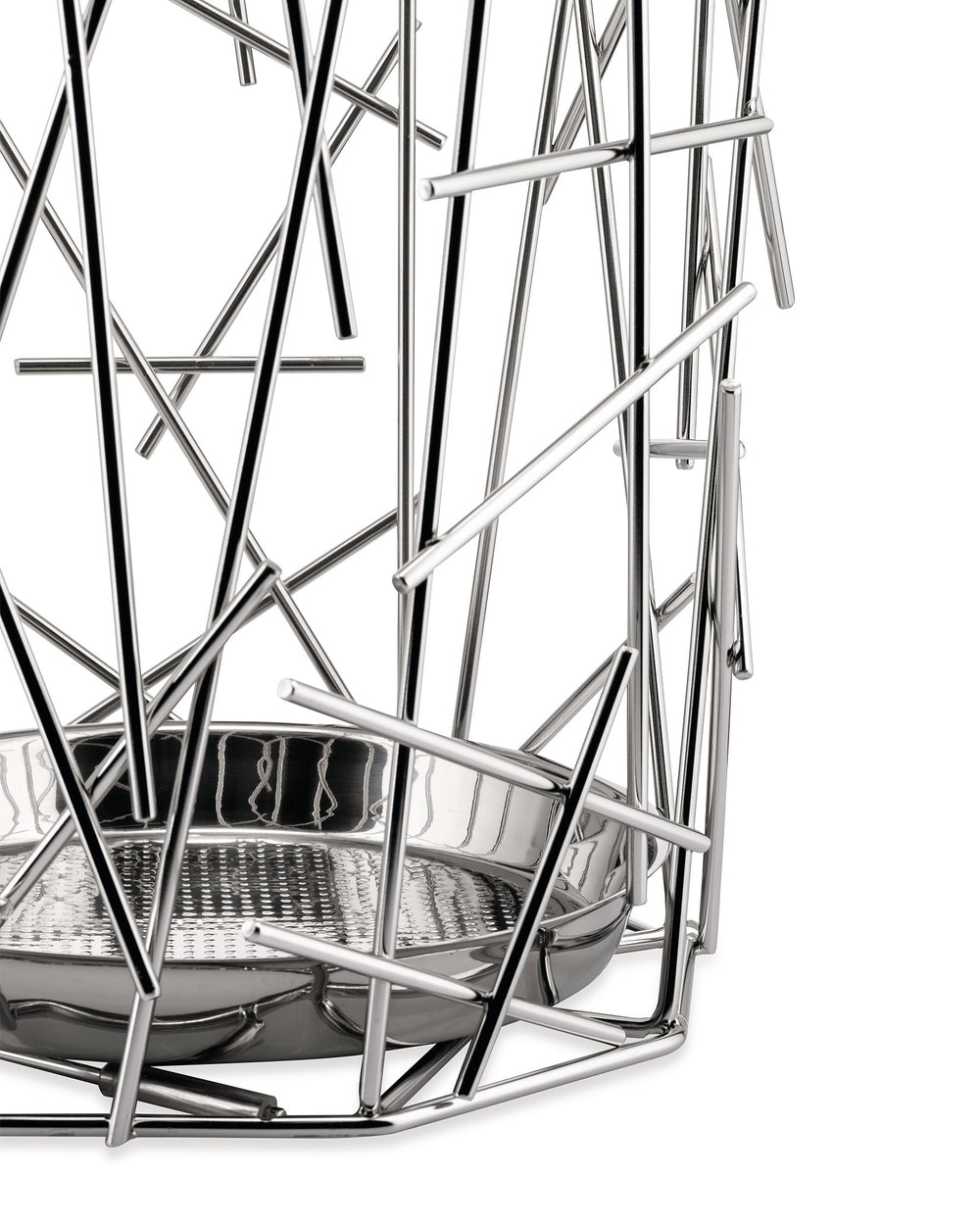 Shiny chrome decorative metal basket by Alessi, featuring an abstract design of intersecting rods and a textured base, cropped close-up.