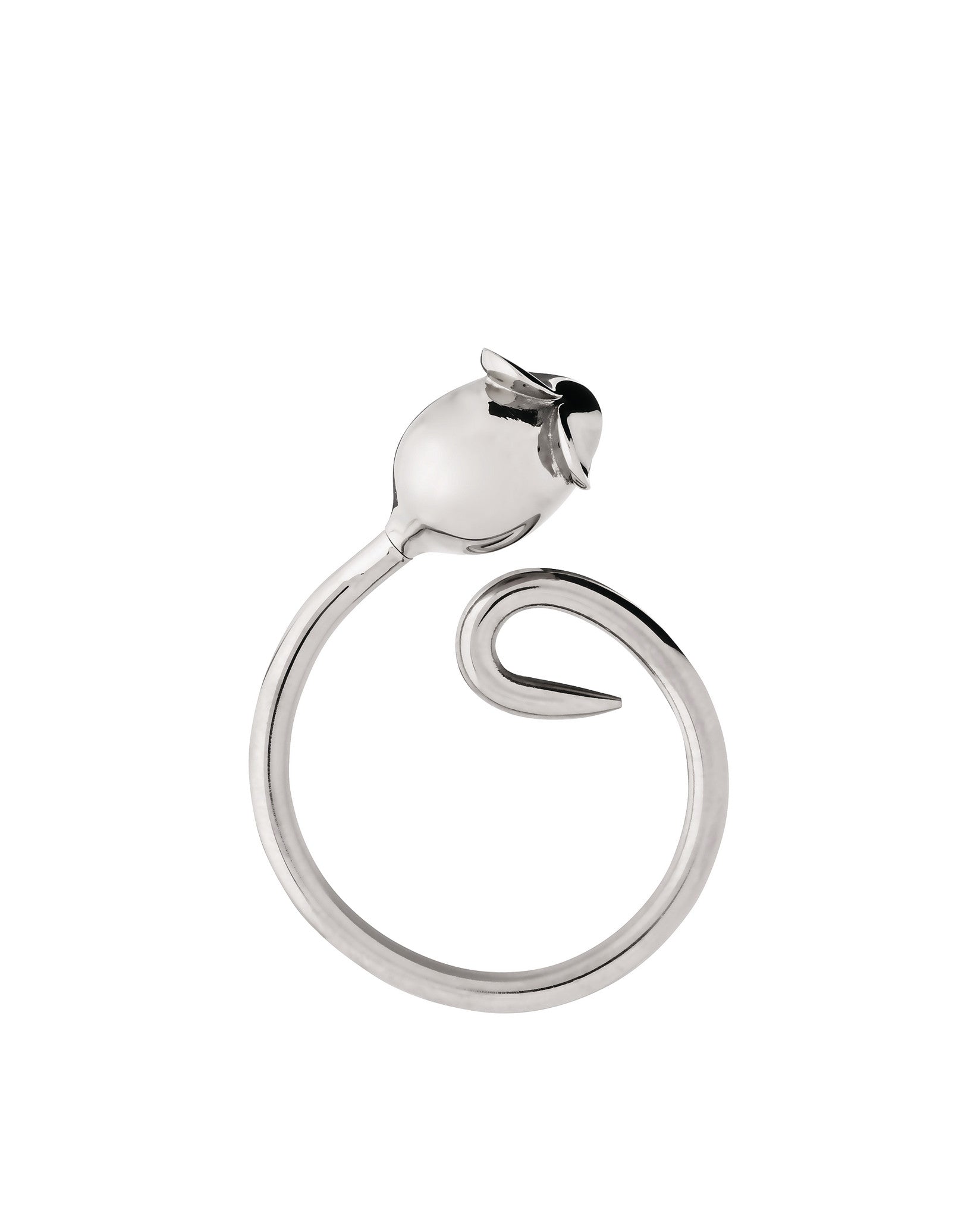 Silver metal ring by Alessi with a stylized bud top and an open, swirling band.