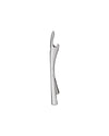 Silver bottle opener by Alessi with a sleek, curved design, standing upright.