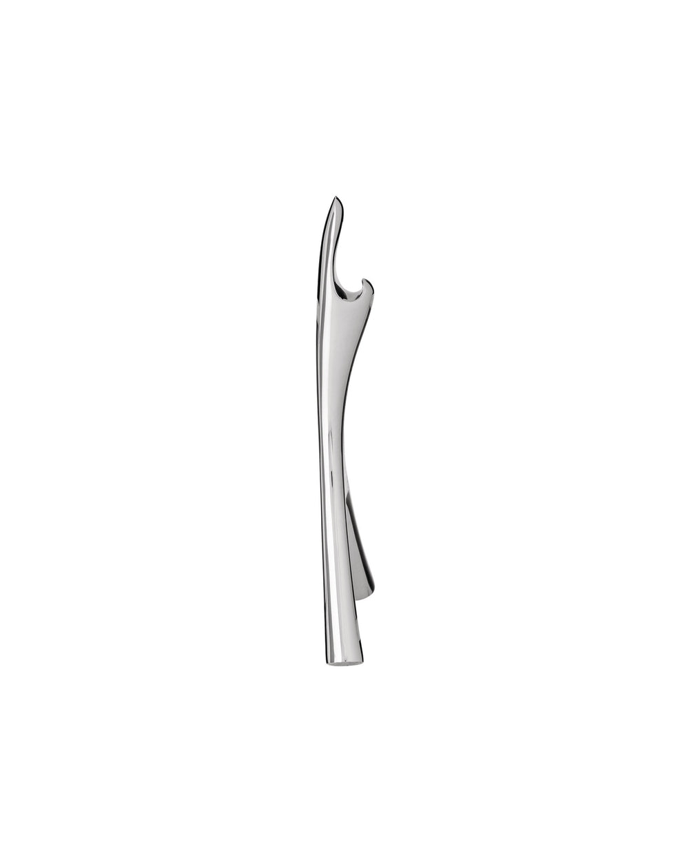 Silver bottle opener by Alessi with a sleek, curved design, standing upright.
