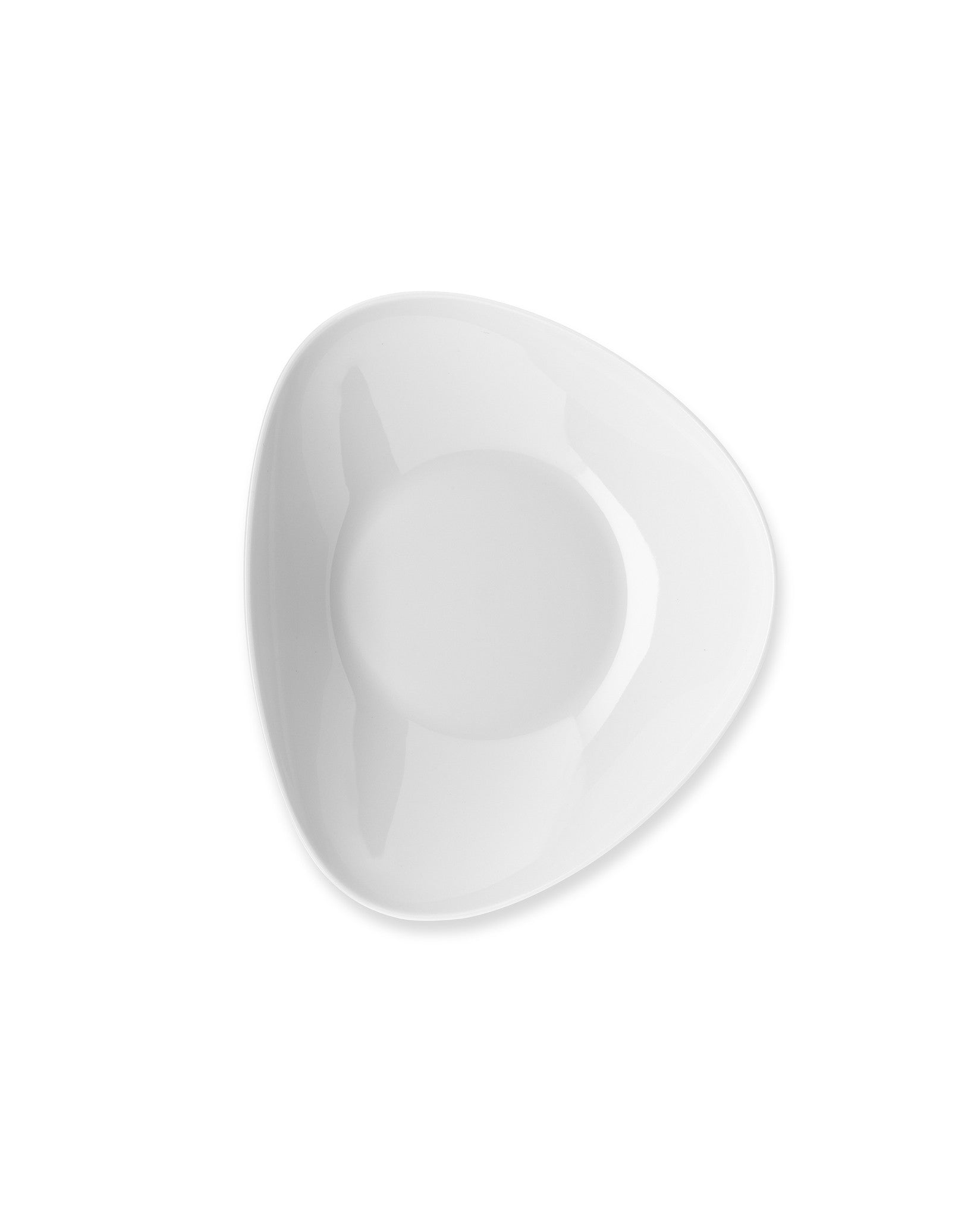 White triangular serving dish by Alessi with a smooth, glossy finish, viewed from above.