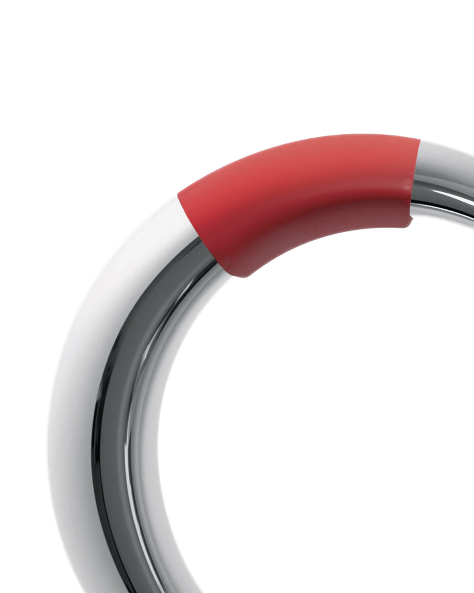 Red and chrome lifebuoy by Alessi, in a close-up showing glossy metal and matte red.