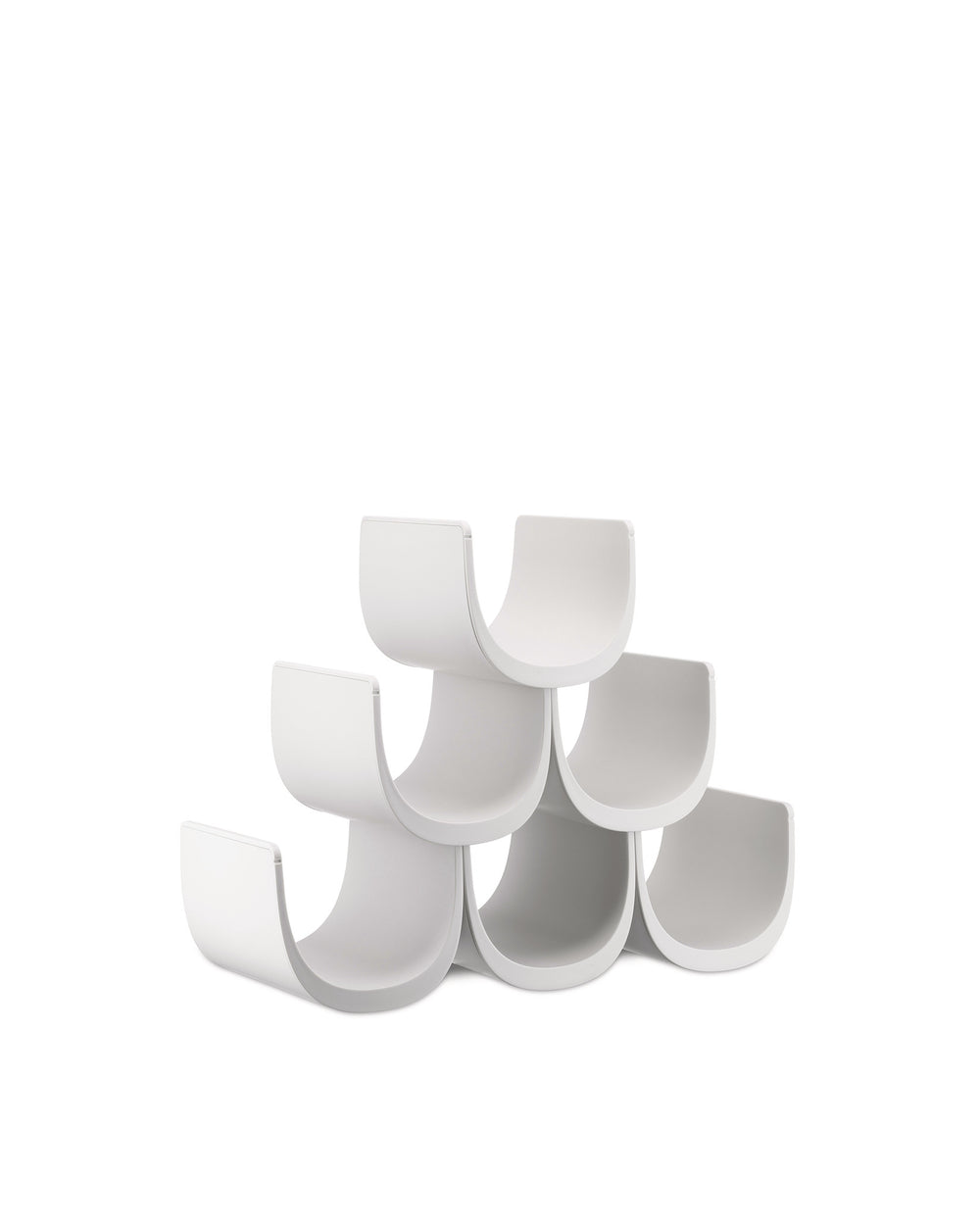 White modular wine rack by Alessi, stacked in a pyramid shape on a white background.