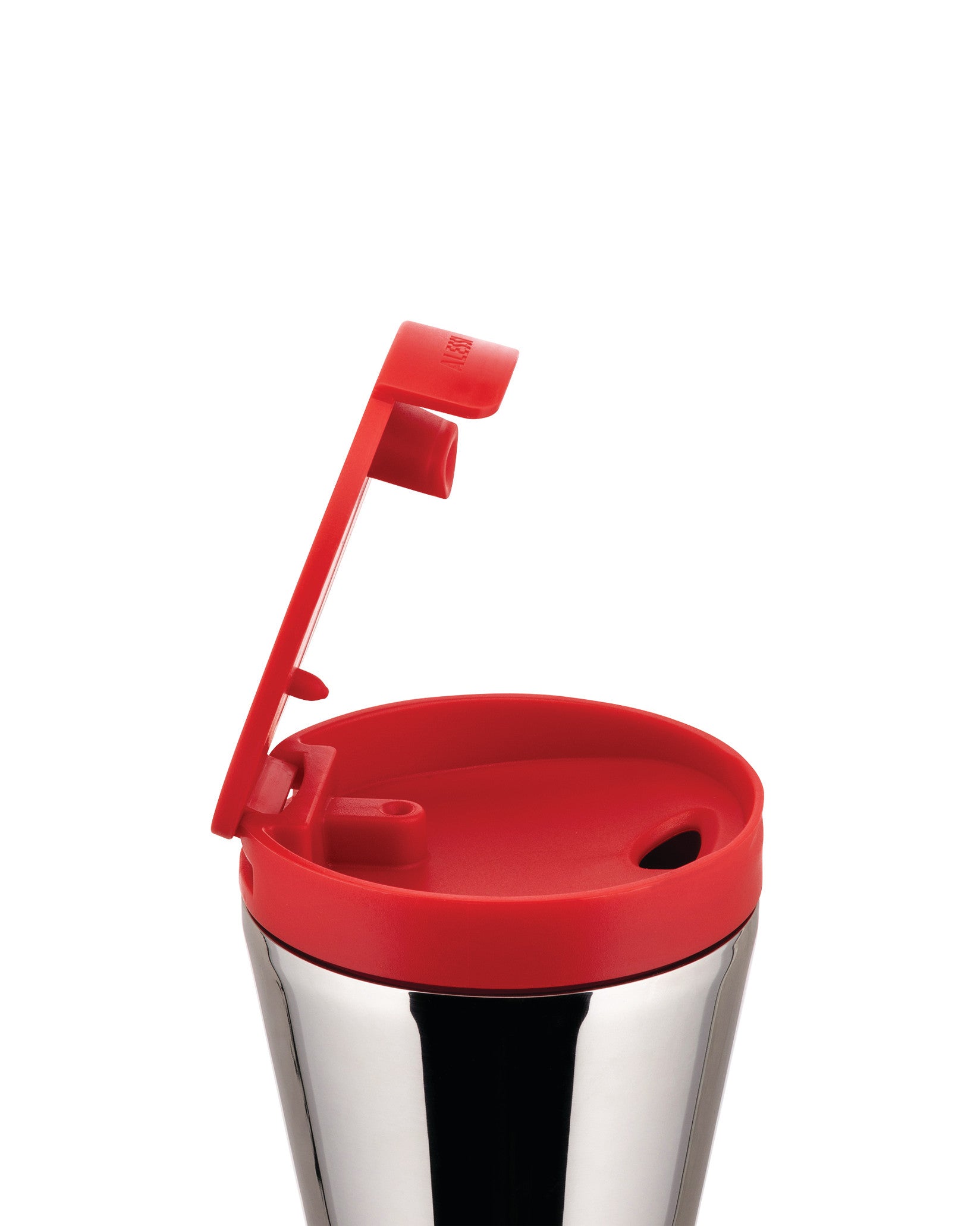 Red and chrome travel mug by Alessi with its red flip-top lid open, showing the drinking spout.