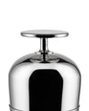 Polished metal Tending Box lid by Alessi with a flat circular handle and engraved logo on the stem.