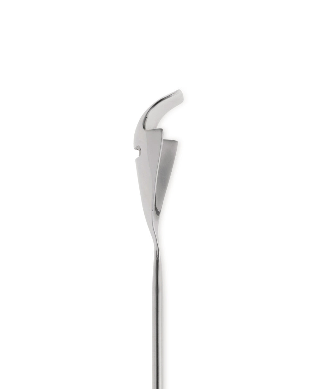 Silver metallic tending box by Alessi, featuring a sleek, sculptural design with an elongated body and notched tip.