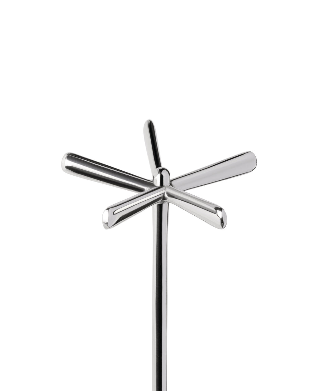 Polished silver metal tending box by Alessi, a stirrer featuring four radial rounded blades on a central shaft.