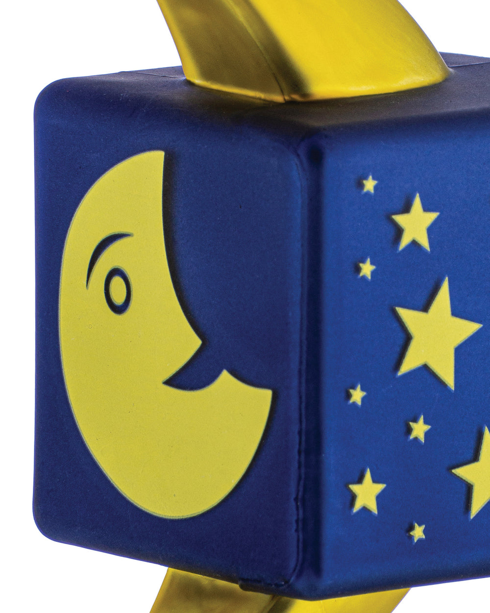 Blue Mooncube by Alessi with a yellow moon face, stars, and golden accents.