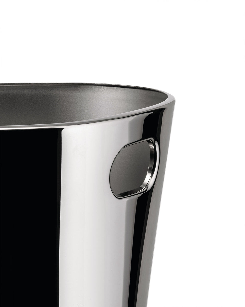 Polished chrome ice bucket by Alessi with integrated oval handles, shown in a cropped view.