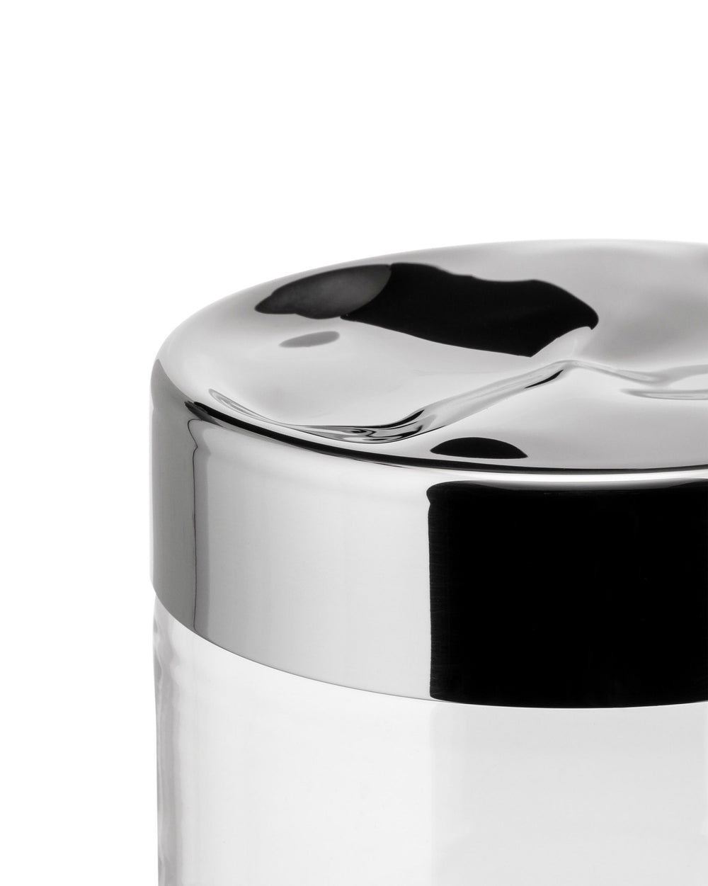 Clear glass storage jar by Alessi with a polished chrome wavy, sculptural lid.