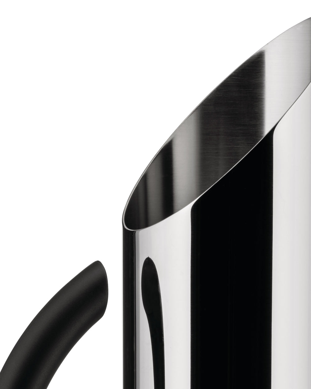 Silver stainless steel Tua Pitcher by Alessi with a sleek angled rim and black handle, cropped view.