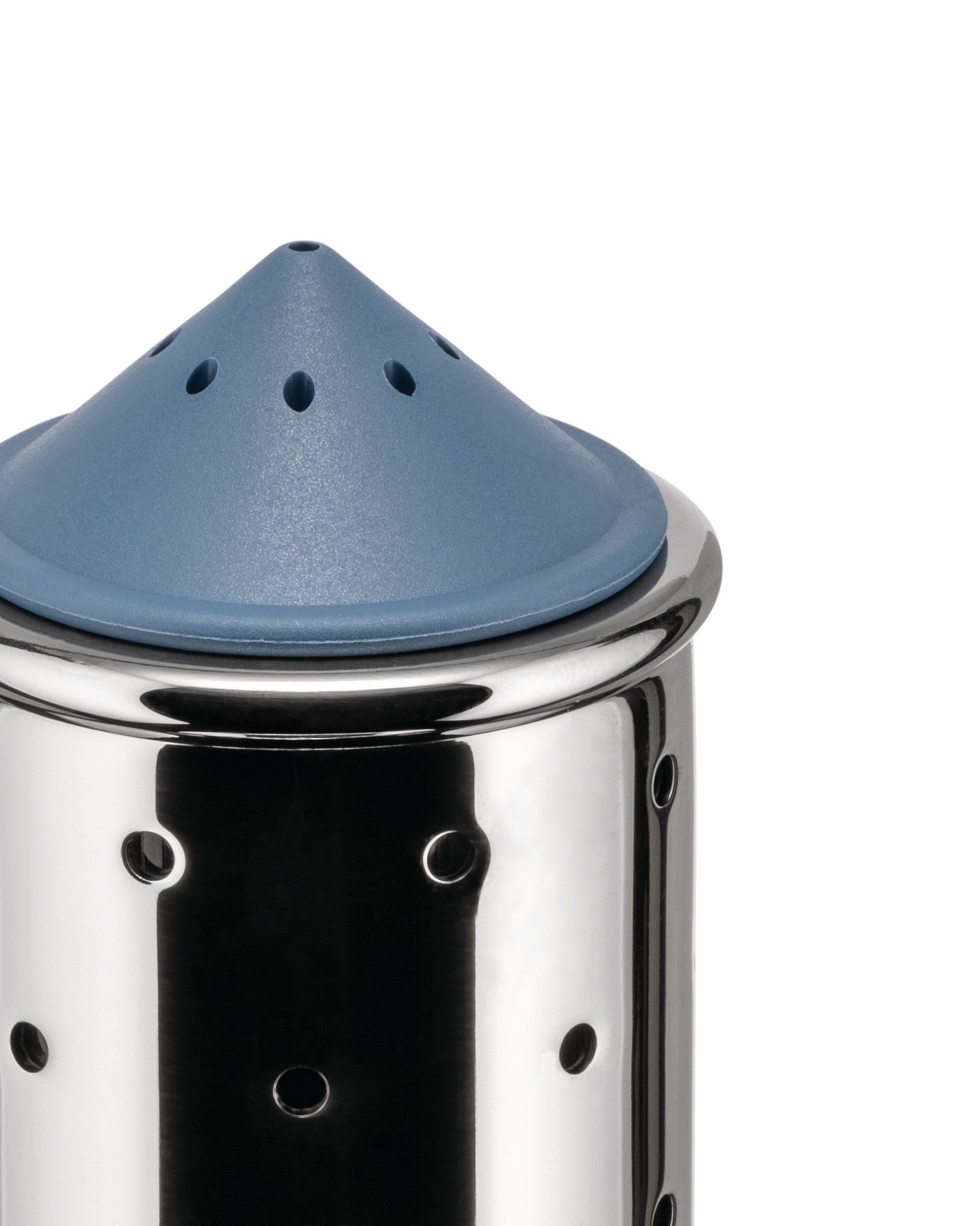 Shiny metal spice infuser with a blue conical lid by Alessi, featuring perforations on the lid and cylindrical body.