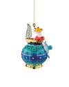 Whimsical decorative ornament by Alessi, featuring a fisherman, boat, dolphin, and a checkered blue globe with gold lines and crystals.
