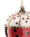 Red and white jeweled ladybug ornament by Alessi with gold accents, black spots, and a hanging chain.