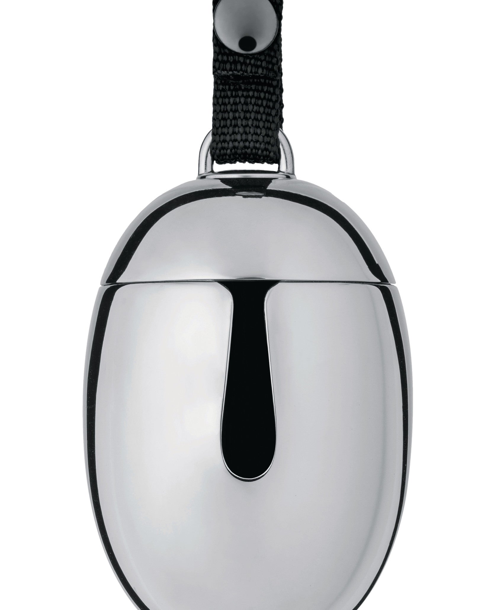 Polished chrome bell by Alessi, with a black vertical slot and a textured black strap.