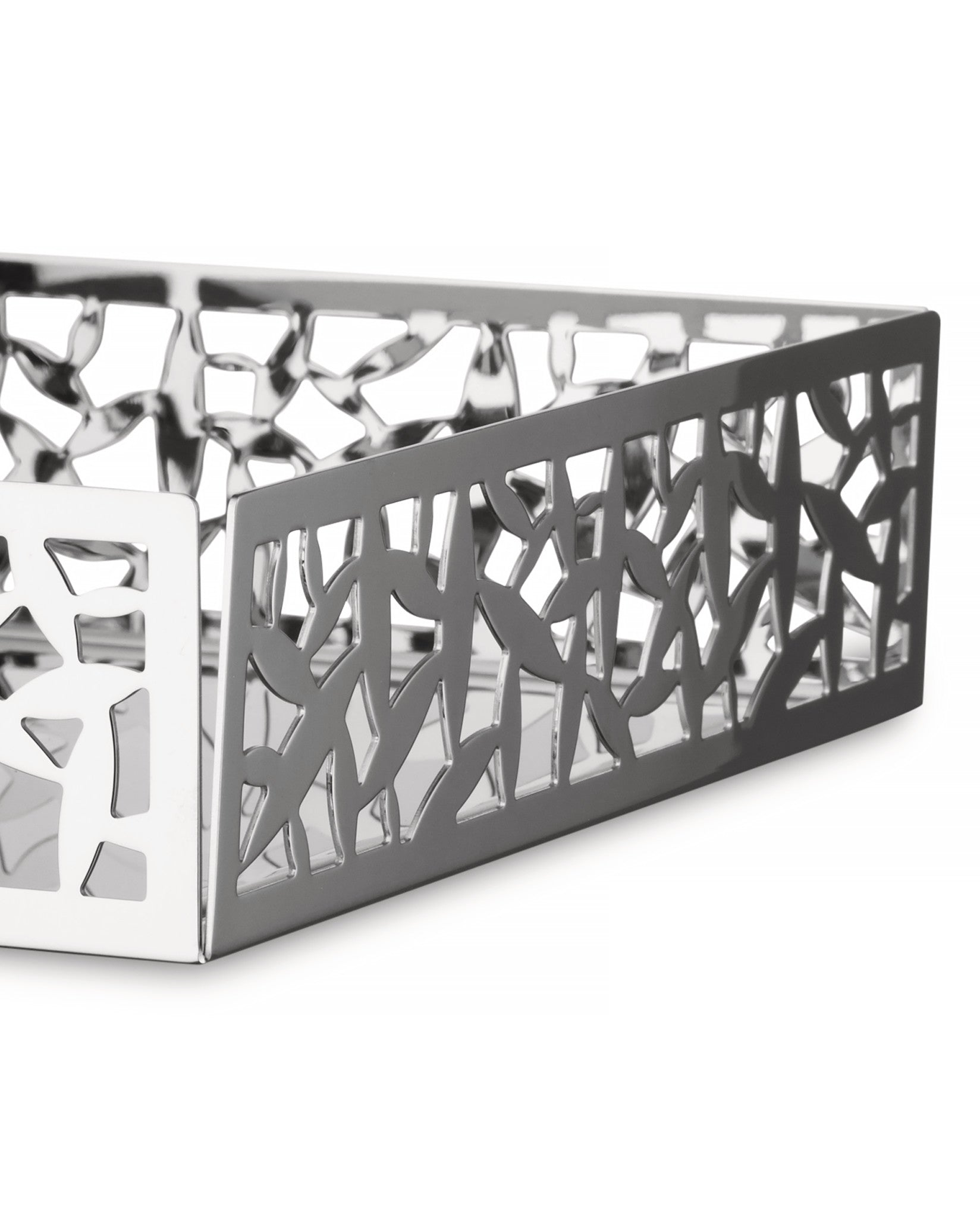 Silver metallic 'CACTUS!' decorative tray by Alessi, with intricate organic laser-cut sides.