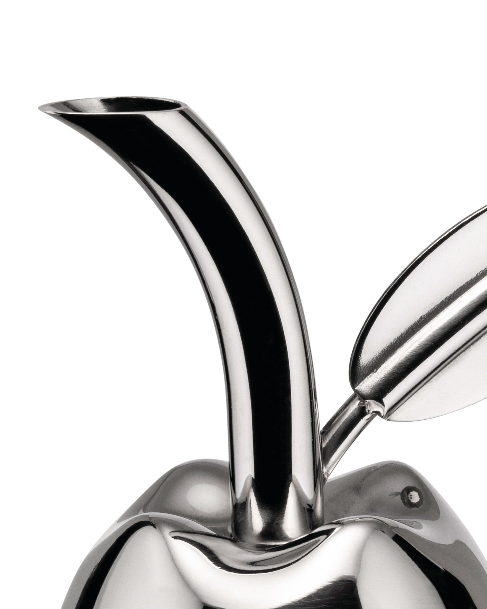 Polished stainless steel oil cruet by Alessi, featuring a gracefully curved spout and small leaf detail.